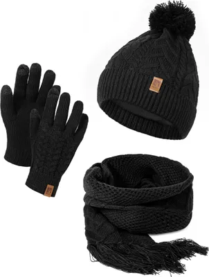 A set of winter accessories including a beanie, scarf, and gloves.