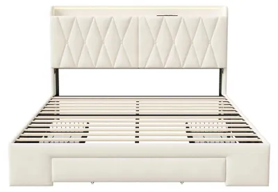 Produktbild von Polsterbett - Doppelbett 140x200 cm - Mit Schubladen - Kopfteil mit Stauraum - Samt - Ohne Matratze - Beige