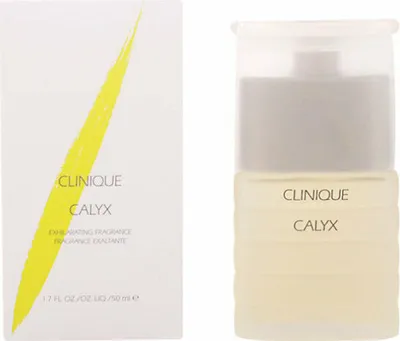 A product shot of Clinique Calyx Eau de Parfum for women, showing both the outer packaging and the perfume bottle.