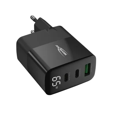 A black 3-port USB fast charger with a digital display showing '65W'.