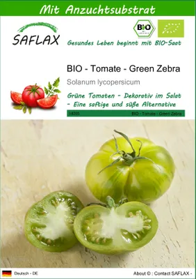 Produktbild von SAFLAX - BIO - Tomate - Green Zebra - 10 Samen - Mit keimfreiem Anzuchtsubstrat - Solanum lycopersicum