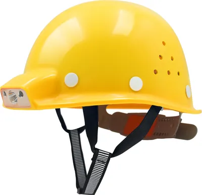 A yellow construction helmet with a built-in light.
