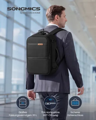Produktbild von SONGMICS Handgepäck Rucksack für Ryanair, Wasserdichter Reiserucksack mit 14 Zoll Laptopfach, 20 L, 40 x 25 x 20 cm, Schwarz