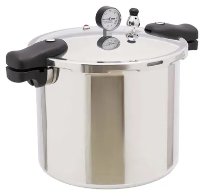 A stainless steel pressure cooker with black handles and a pressure gauge on a white background.