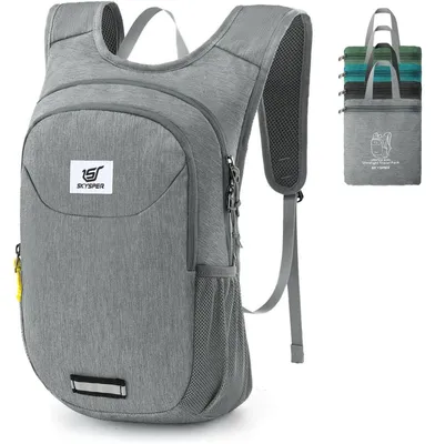 Image de Sac à dos pliable de 10 litres, ultra-léger, idéal pour une journée, sac de randonnée compact, couleur gris, avec bandes réfléchissantes
