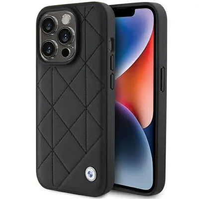 Obrázok produktu pre Kožené prešívané puzdro BMW pre iPhone 15 Pro Max - čierne