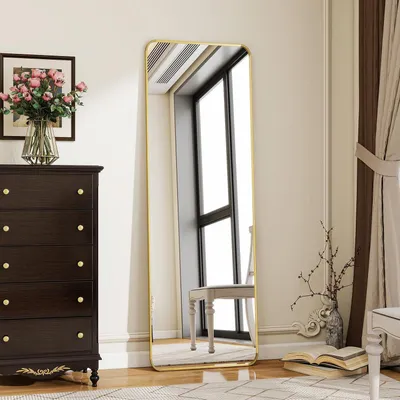 Produktbild von Standspiegel 40 x 150 cm Ganzkörperspiegel Gold mit Ständer abgerundete Ecken