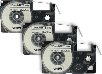 Produktbild von vhbw 3x Schriftband-Kassette kompatibel mit Casio KL-2000, KL-300, KL-70E, KL-200E, KL-60, KL-7000 Etiketten-Drucker 8m x 12mm Schwarz auf Weiß