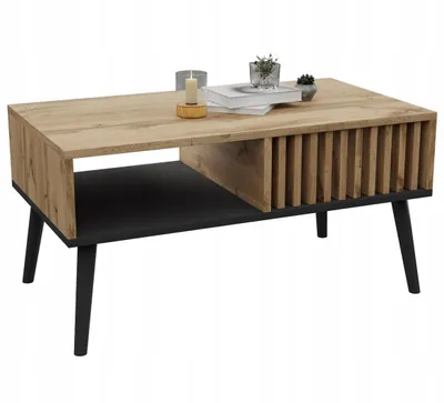 A coffee table with a wood-grain top and slatted side detail, set against a white background.