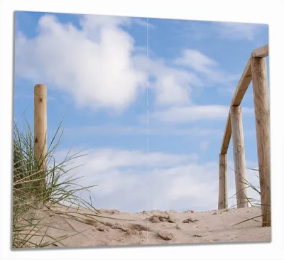 Produktbild von Wallario Herdabdeckplatte aus Glas, Größe 60 x 52 cm 2-teilig, Motiv Auf der Holztreppe zum Strand