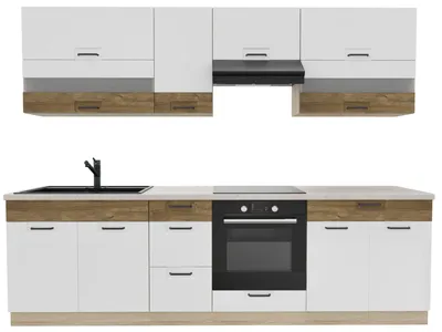 Productafbeelding van Keukenwand 270 cm - FAVORIT A PLUS - Wit hoogglans en Sonoma eikenhout - Met werkblad van travertin - Inbouwkeuken - Metalen lades - Eénpersoonskeuken