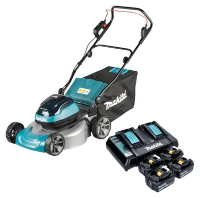 Immagine prodotto di Tosaerba a batteria Makita DLM 466 PM4 36 V (2x 18 V) 46 cm Brushless + 4 batterie da 4,0 Ah + caricabatterie