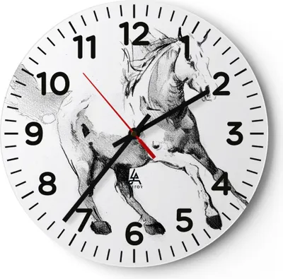Produktbild von Wanduhr - Rund - Glasuhr - Pferd Galopp Tier - 30x30cm - Schleichendes Uhrwerk - Lautlos - zum Aufhängen bereit - Dekoration Modern - Wanddekoration aus Glas - C4AR30x30-5117
