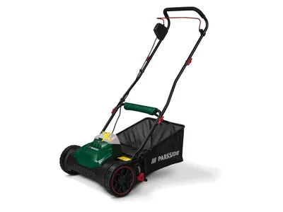 A product shot of a cordless reel mower on a white background.