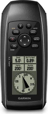 A Garmin GPS 73 handheld navigation device is shown against a black background.