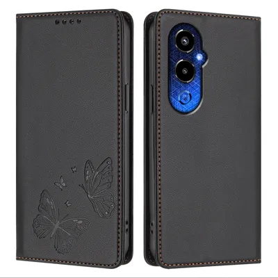 Produktbild von Lederhülle für Tecno Pova 4 Pro, Schmetterling Prägung Leder Brieftasche Schutzhülle mit Ständer Schwarz