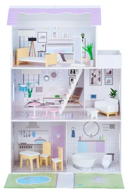 Produktbild von Olivia's Little World Lavendel Großes 3-stöckiges Puppenhaus aus Holz und 16-teiliges Zubehörset für 12-Puppen