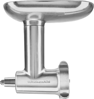 A silver KitchenAid meat grinder attachment for a stand mixer.