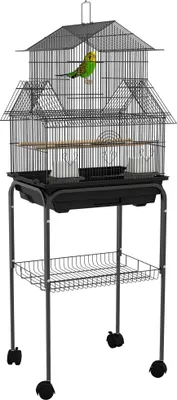 Image de PawHut Cage à oiseaux sur pied, volière sur roulettes avec balançoire, poignée portable, 2 mangeoires, support, design maison, cage pour pinsons, canaris et perruches 50,5 x 41 x 121 cm en acier noir