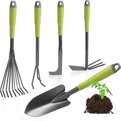Immagine prodotto di Set di attrezzi da giardino composto da 5 pezzi, con vanga, erpice, forbici da potatura, rastrello e cesto per fiori: ideale per il giardinaggio e la cura delle piante