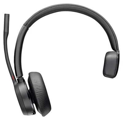 A black headset with a microphone boom is shown against a white background.