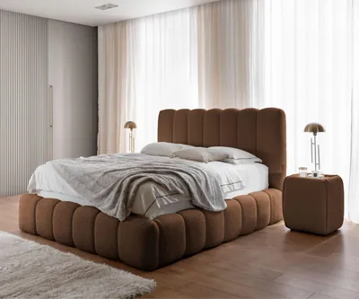 Image de CHLOE 180x200 cm - Lit double avec coffre de rangement et sommier à lattes, aspect boxspring, lit sans matelas, chambre à coucher - Marron