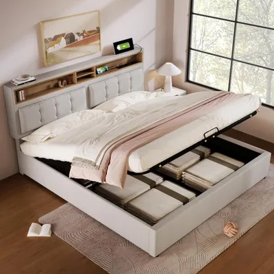 Obrázok produktu pre Postel s čalúneným rámom, rozmer 160x200 cm, s úložným priestorom, USB a Type-C portmi, nastaviteľnou opierkou hlavy a roštom, poťah z ľanu v svetlo béžovej/šedej farbe
