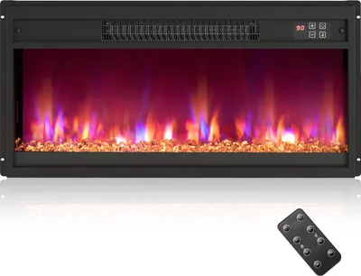 A black electric fireplace with a realistic flame effect and a remote control.