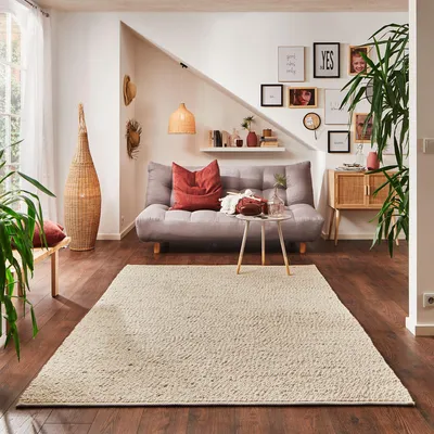 Produktbild von Steffensmeier Handwebteppich Rotach | Wolle (Schurwolle) gewalkt, Natur, handgewebt, Größe: 90x160 cm Wohnzimmer und Schlafzimmer