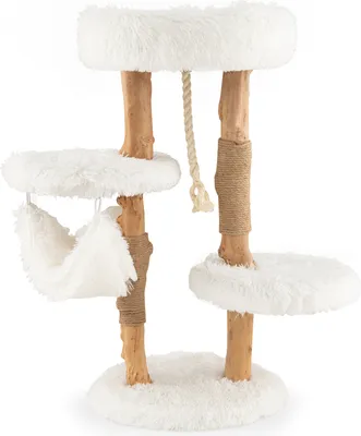 Produktbild von GOPLUS 87 cm Kratzbaum, Katzenbaum mit 3 Plattformen, Hängematte & Hängeseil, Kletterbaum mit Stützstangen aus Birnenholzstamm mit Jute-Umwicklung, mehrstufiger Katzenkratzbaum mit Plüschki (2 Stämme)