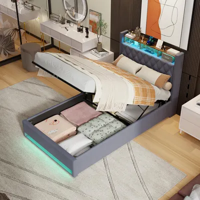 Produktbild von MODFU Jugendbett 140×190 mit LED-Kopfteil und Stauraum,Hydraulisches Polsterbett,Doppelbett Boxspringbett mit Bettkasten und USB-Anschluss,Samt,ohne Matratze,Grau