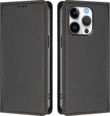Image de Étui en cuir pour iPhone 16 Pro, étui à rabat magnétique en cuirPolyuréthaneavec support, noir