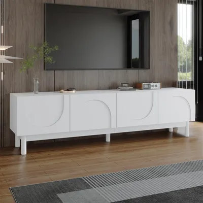 A modern living room with a TV stand and a large television mounted on a wood-paneled wall.