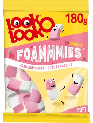 Produktbild von Look-O-Look Foammmies Framboos 180g – Vegane Himbeer-Schaumzucker-Süßigkeit