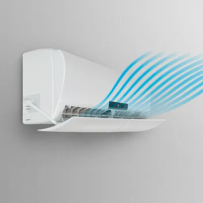 A white air conditioner wind deflector is mounted on a wall, with blue wavy lines indicating airflow.