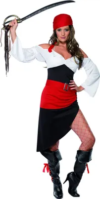 A woman dressed as a pirate holding a sword.
