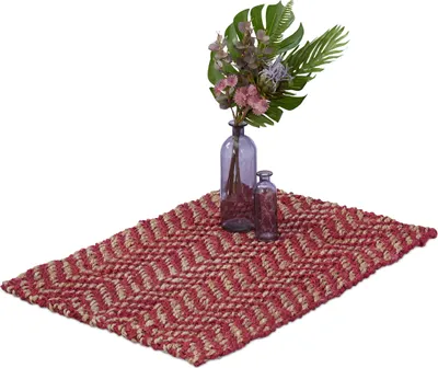 Produktbild von Relaxdays Jute Teppich, 60 x 90 cm, handgewebter Teppichläufer, Naturfasern, Läufer Flur, Wohnzimmer, Küche, rot/beige