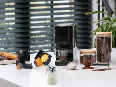 Produktbild von 5in1 Multikapsel Kaffeemaschine für Kapsel ESE Pads & Pulver Milchkännchen 1450W