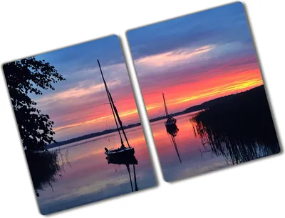 Produktbild von Tulup Glas Herdabdeckplatte - 2x40x52 cm - Glaskeramikkochfeld-Abdeckung Spritzschutz Glasabdeckplatte Kochplattenabdeckung und Schneidebrett - Zweiteilig - Landschaften - Segelboote Sonne - Orange
