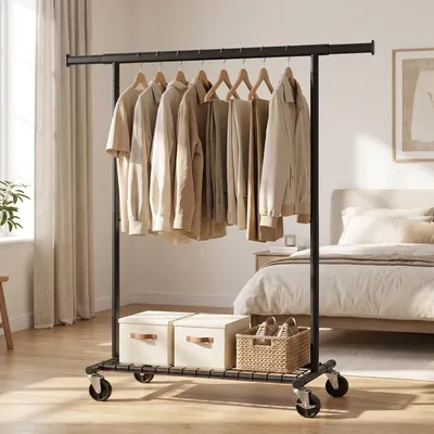 Produktbild von SONGMICS Ausziehbarer Kleiderständer auf Rollen aus Metall bis 180 kg mit Ablage 92-132 x 45 x 161,5 cm Schwarz
