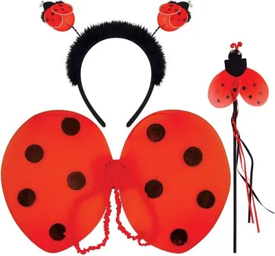 A set of ladybug-themed costume accessories, including a headband with antennae, wings, and a wand.