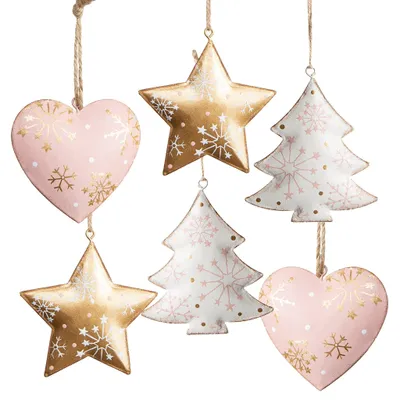 Produktbild von 6 Metallanhänger Weihnachtsbaum Herz Stern rosa Gold weiß 9cm