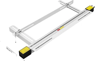 A white metal bracket with yellow and black components, likely for mounting.