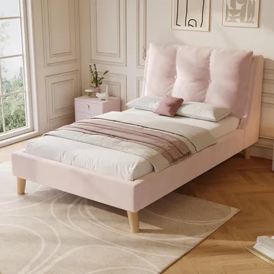 Produktbild von Flieks Polsterbett 90x200cm mit flexiblem Kissen, Kinderbett Jugendbett mit Lattenrost, Einzelbett Holzbett mit Massivholzbettbeinen, Samt, Rosa
