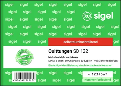 Produktbild von SIGEL SD122 Quittungen inkl. MwSt., mit fortlfd. Nummerierung, 1. u. 2. Blatt bedruckt, mit Sicherheitsdruck, A6 q, selbstdurchschreibend, 2 x 50, 2 x 50
