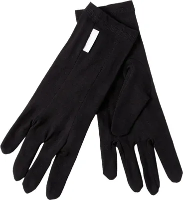 A pair of black gloves laid flat on a white background.