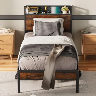 Produktbild von Bettgestell 90x200 cm mit Lochwand-Kopfteil, Metallbett mit LED, 3 USB & Typ-C, Bett mit Stauraum & 14 Reihen Metall Lattenrost, Industriestil, Braun