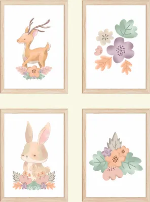 Produktbild von Waldtiere Reh Hase Blumen 4er Set Kinderzimmer Bilder DIN A4 Wandbilder Deko Babyzimmer Poster