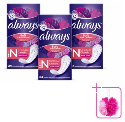 Imagen del producto de 3 unidades de toallitas diarias Always DailyFresh, tamaño normal, pack ahorro