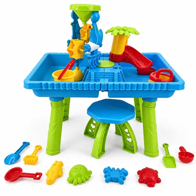 Imagen del producto de Relaxdays, mesa de juegos con agua, 2 compartimentos, muchos accesorios, dimensiones: 76x57x37 cm, estación de juego para agua y arena, plástico, de varios colores, Imagen generada por IA